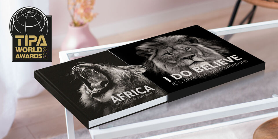 Un fotolibro CEWE mostra un leone che ruggisce e un altro in posa calma. Il titolo sottolinea lo spirito d'avventura.