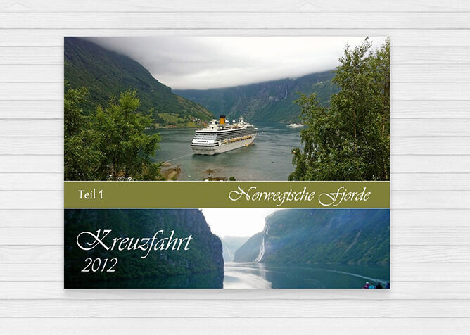 Un bellissimo album fotografico sui fiordi norvegesi, con una nave da crociera su acque calme.