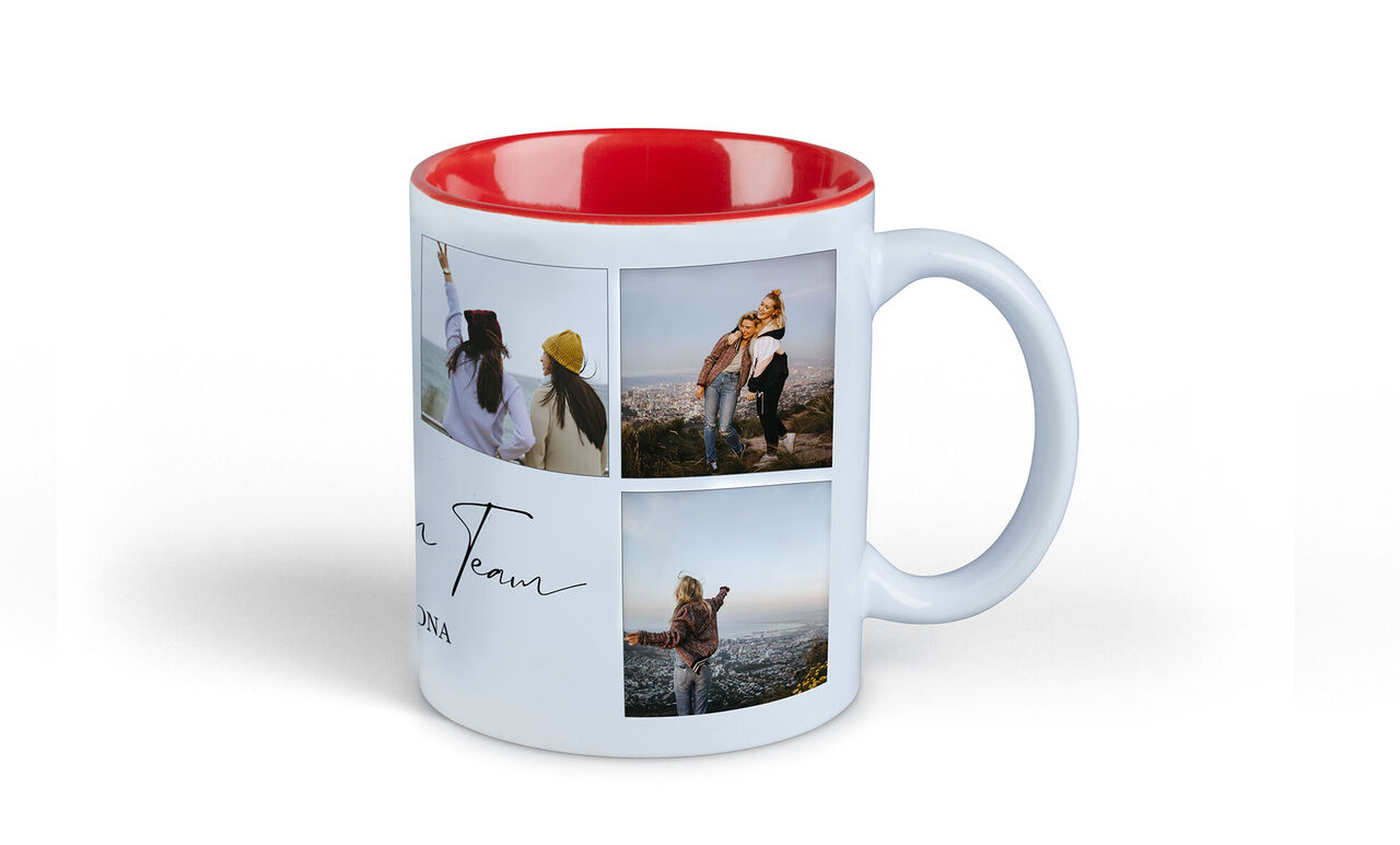 Tazza con immagini di amici e vista della città