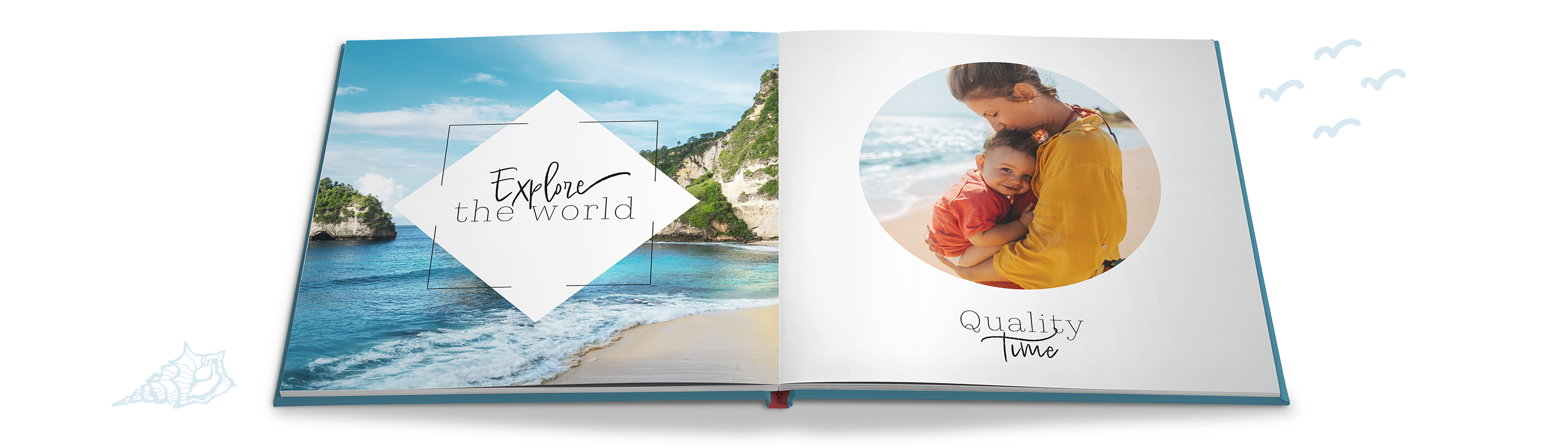 Una pagina aperta di un CEWE FOTOBUCH con una spiaggia da sogno e un ricordo affettuoso.