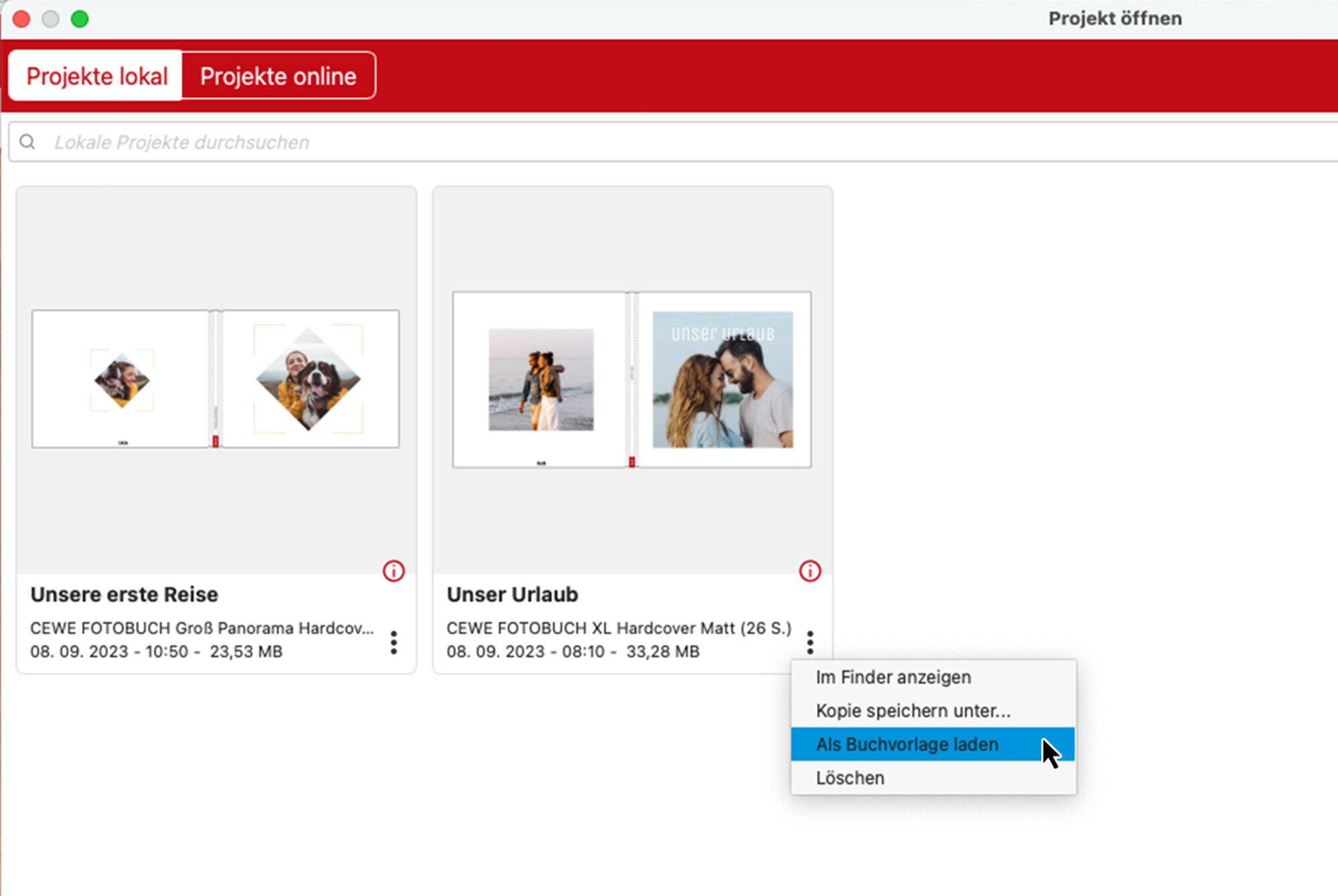 Schermata software che mostra fotolibri CEWE e progetti