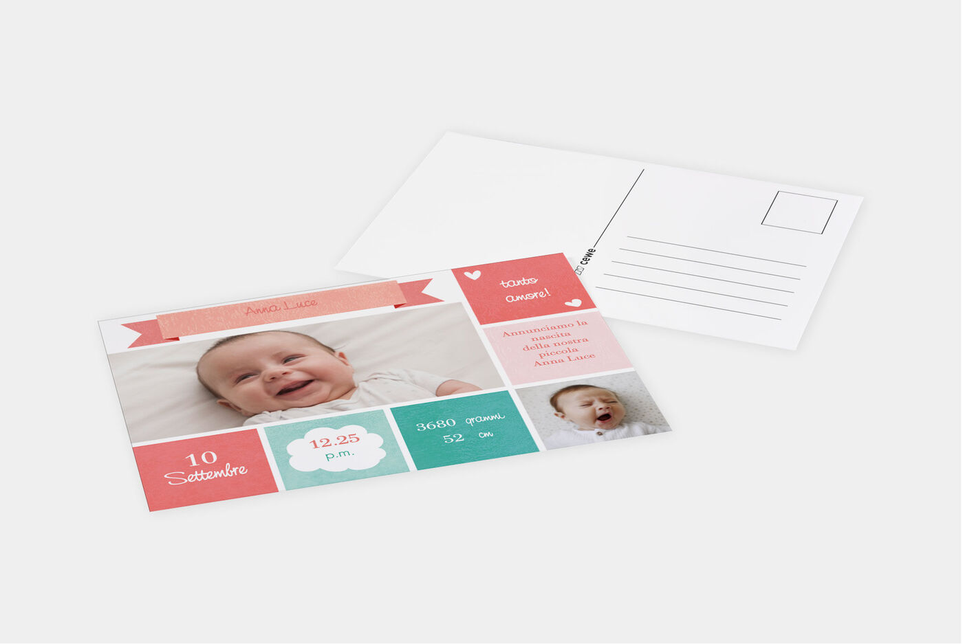 Una cartolina CEWE amorevolmente realizzata con foto di un bebé sorridente e dati importanti sulla nascita.