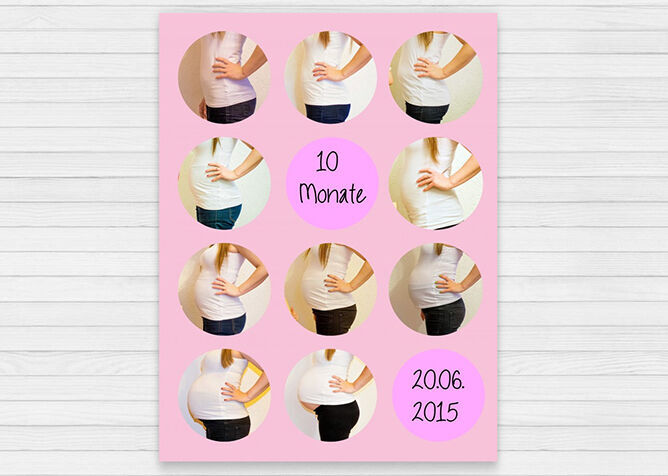 Collage con 12 immagini di una donna incinta per 10 mesi.