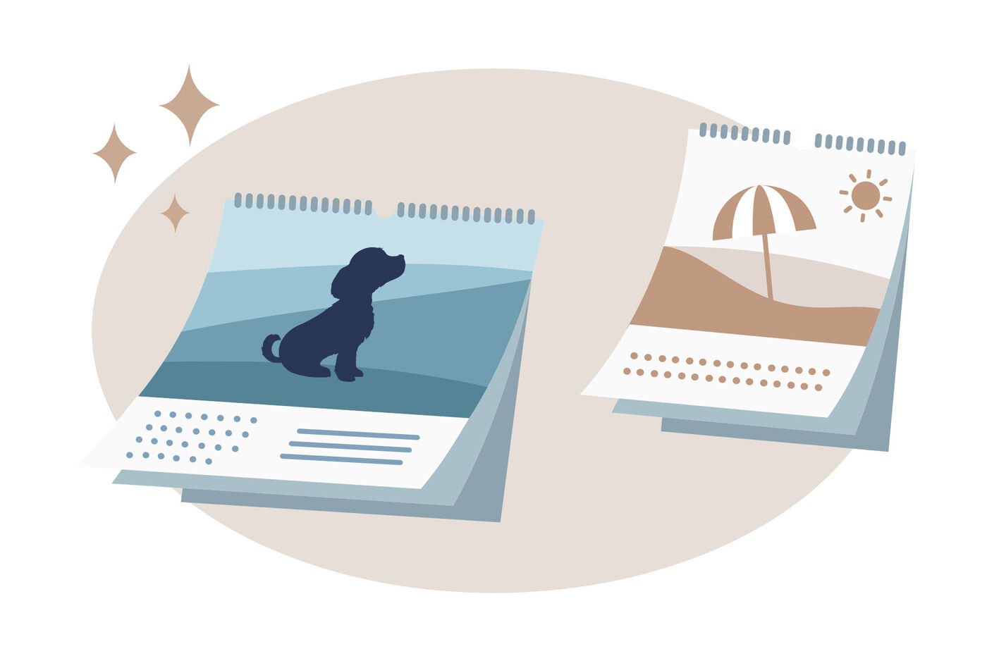 Due pagine del calendario mostrano un cane e una spiaggia con un ombrellone.