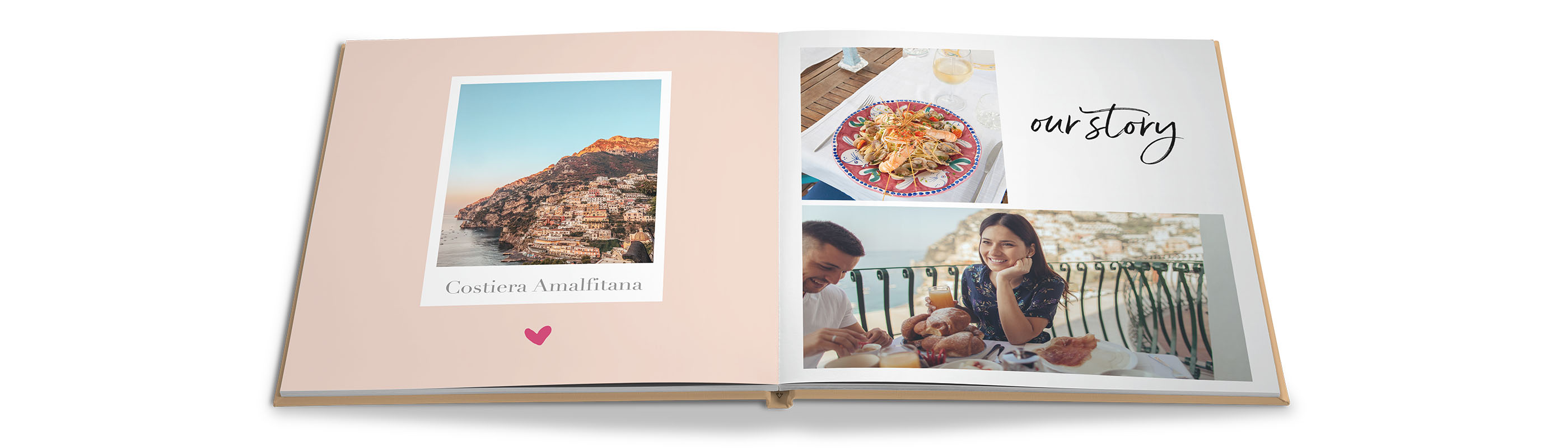 Il nostro CEWE FOTOLIBRO racconta una storia affettuosa con foto delle vacanze: un pasto delizioso, visi felici e paesaggi incantevoli
