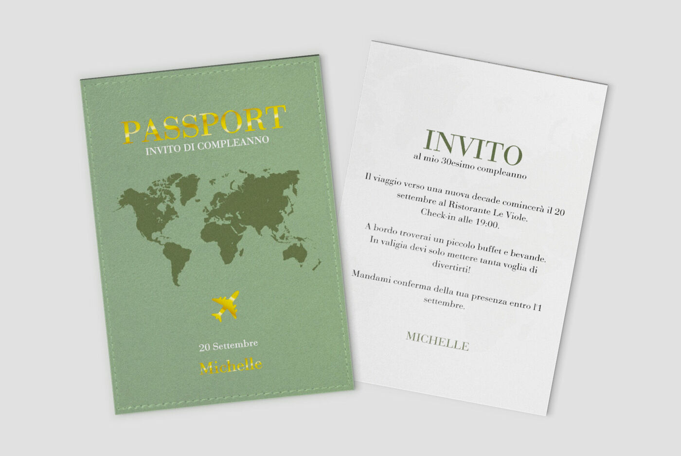 Biglietto d'invito a forma di passaporto con mappa del mondo e aereo.