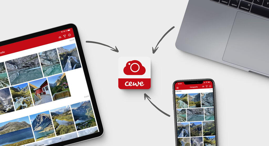 Vista dell'app CEWE su un tablet e smartphone per creare foto