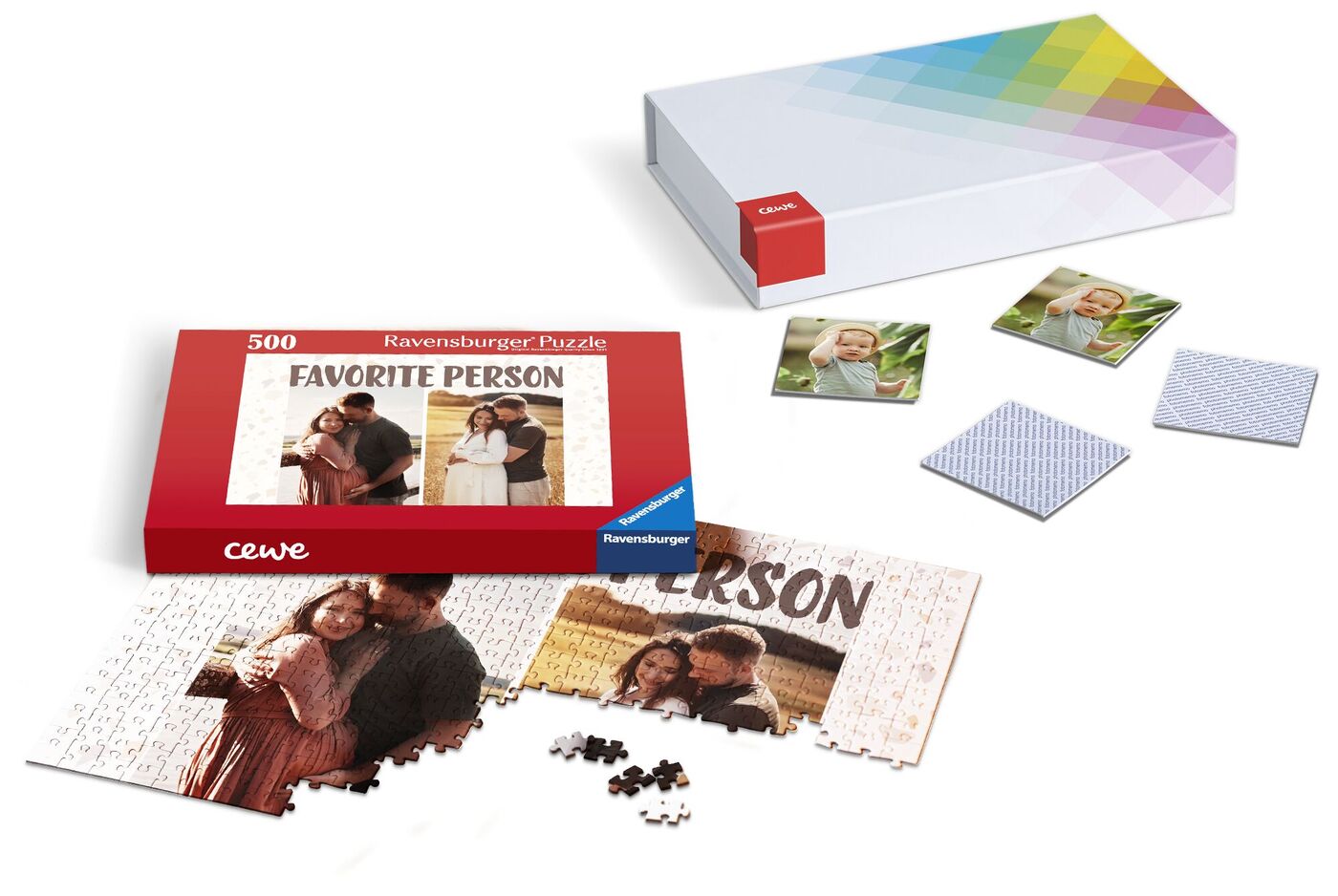 Un puzzle CEWE con una foto di una persona amata, circondato da pezzi di puzzle e confezione.