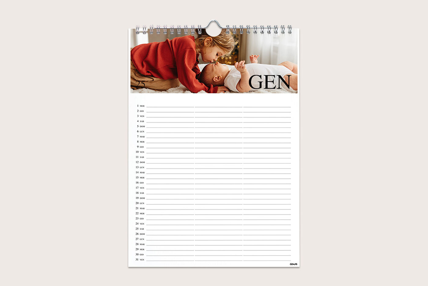Bellissimo calendario da parete con una scena affettuosa di un bambino che interagisce dolcemente con un adulto