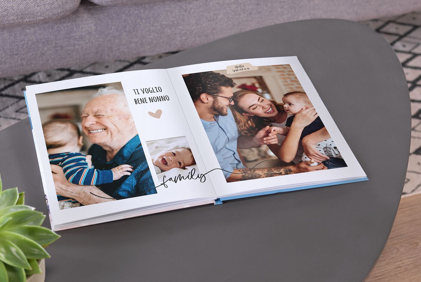 Un fotolibro aperto su un tavolo con foto di famiglia affettuose. Momenti felici tra adulti e bambini. Una pagina ha un cuore.
