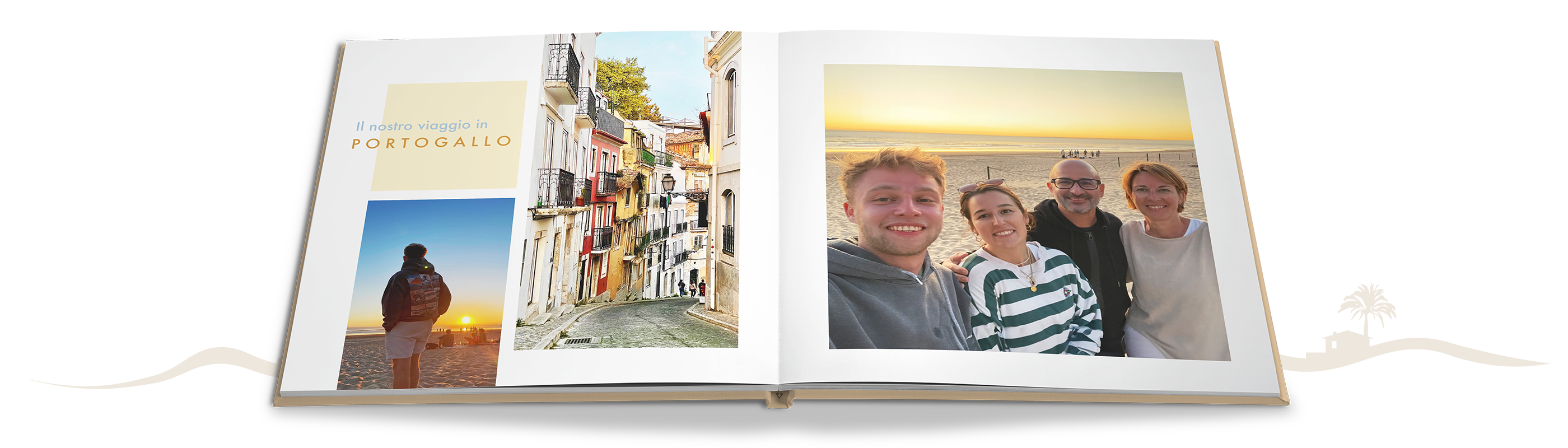Un album fotografico aperto con belle foto di vacanze e elementi decorativi affettuosi