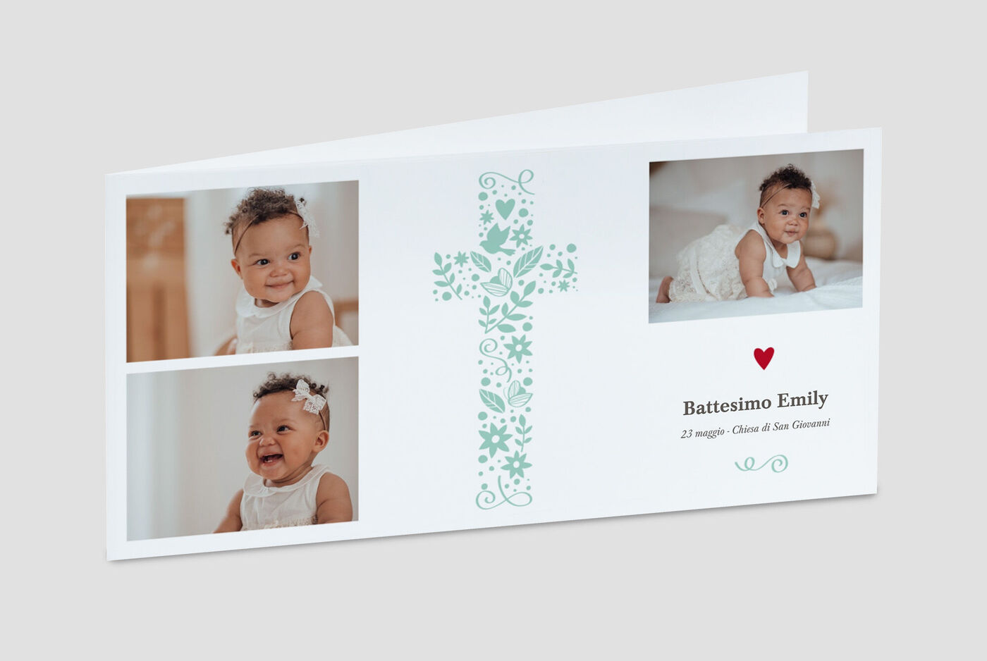 Una dolce cartolina per il battesimo con elementi decorativi e tre foto di un bambino.