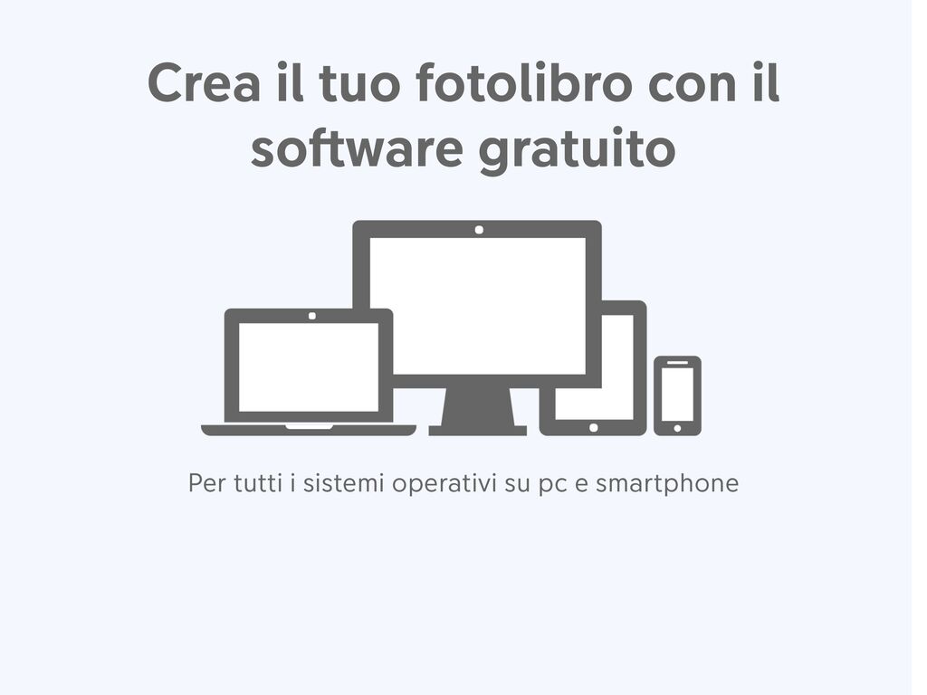 Grafica con dispositivi vari (computer, tablet, smartphone) che promuovono la creazione di fotolibri.