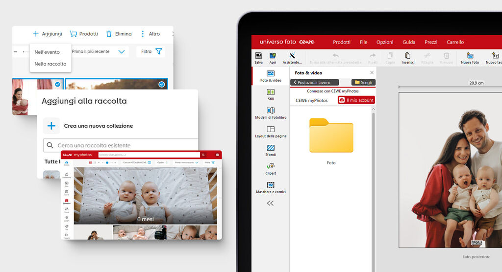 Interfaccia utente CEWE con selezione foto e opzioni per la progettazione di prodotti.